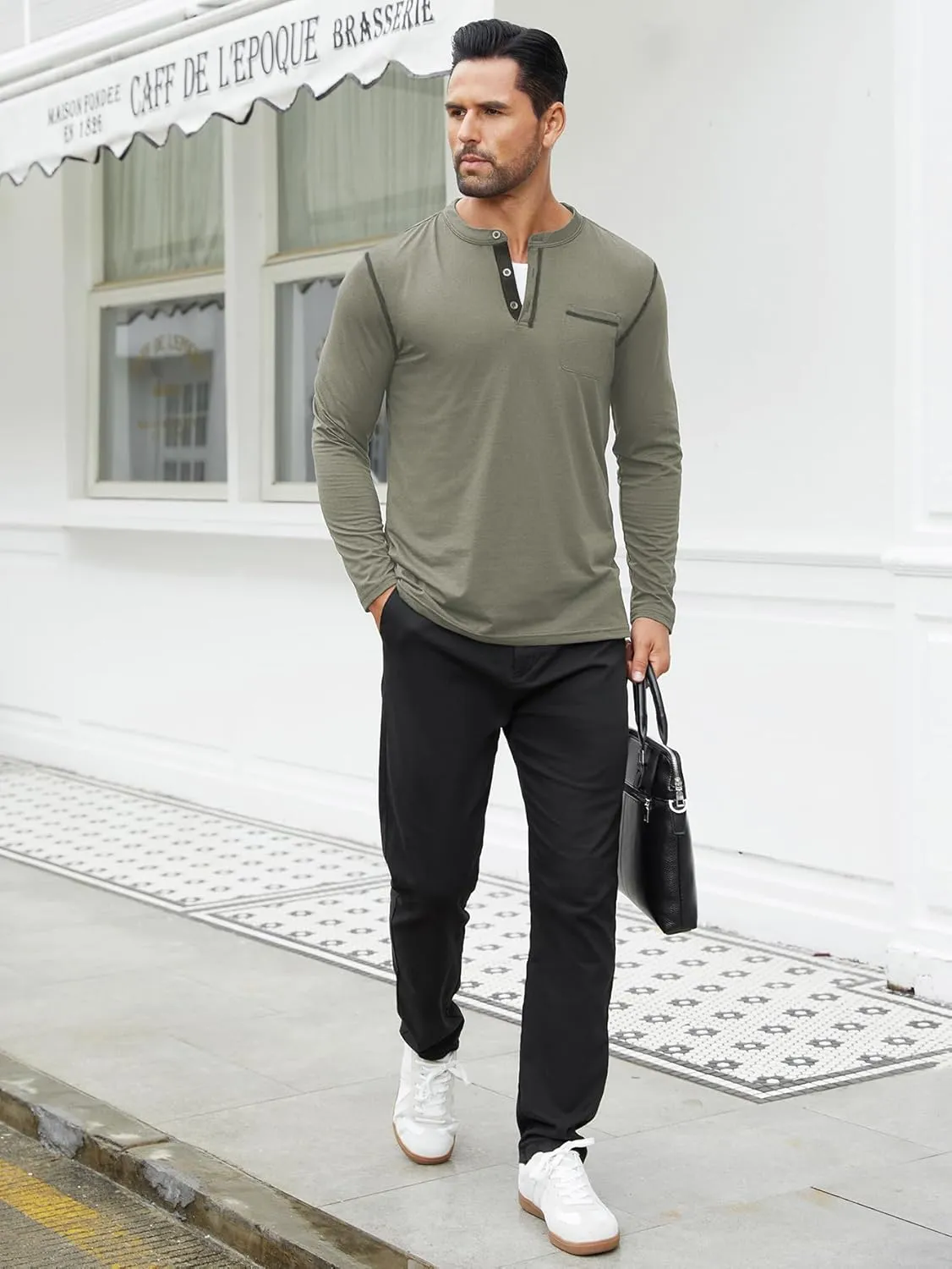 Hardaddy Color Contrast Henley Shirt Long Sleeve Button T-Shirt Henley Tshirt for Men Basic Pullover Shirt with Pocket