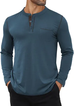 Hardaddy Color Contrast Henley Shirt Long Sleeve Button T-Shirt Henley Tshirt for Men Basic Pullover Shirt with Pocket