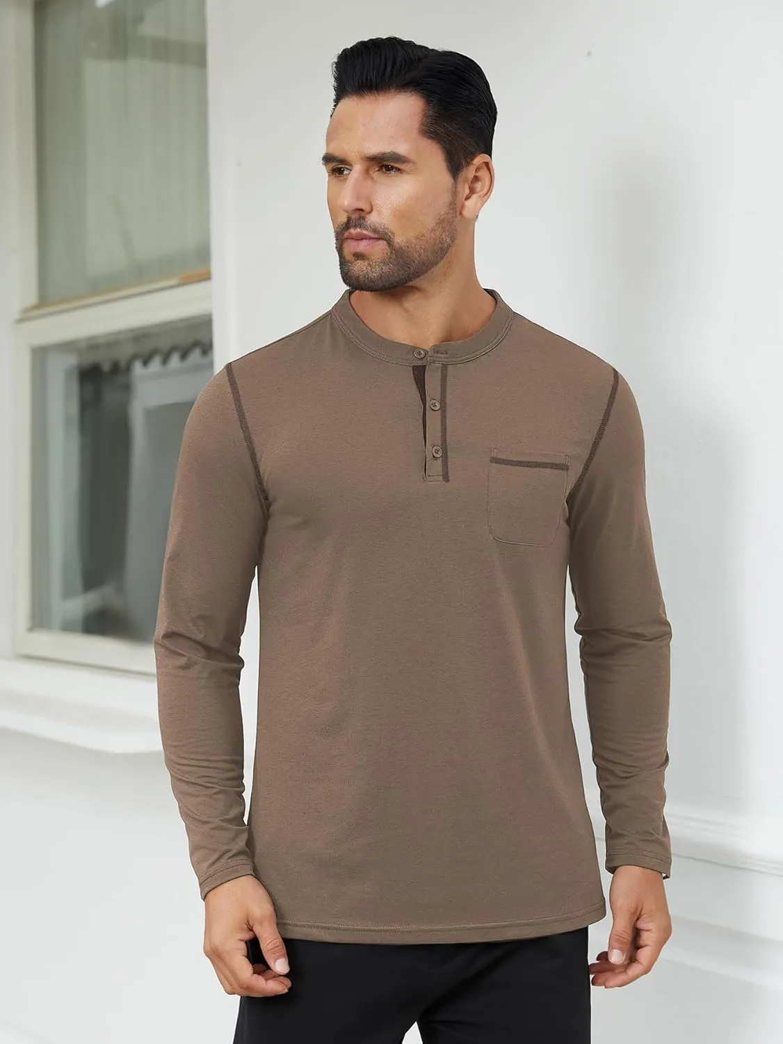 Hardaddy Color Contrast Henley Shirt Long Sleeve Button T-Shirt Henley Tshirt for Men Basic Pullover Shirt with Pocket