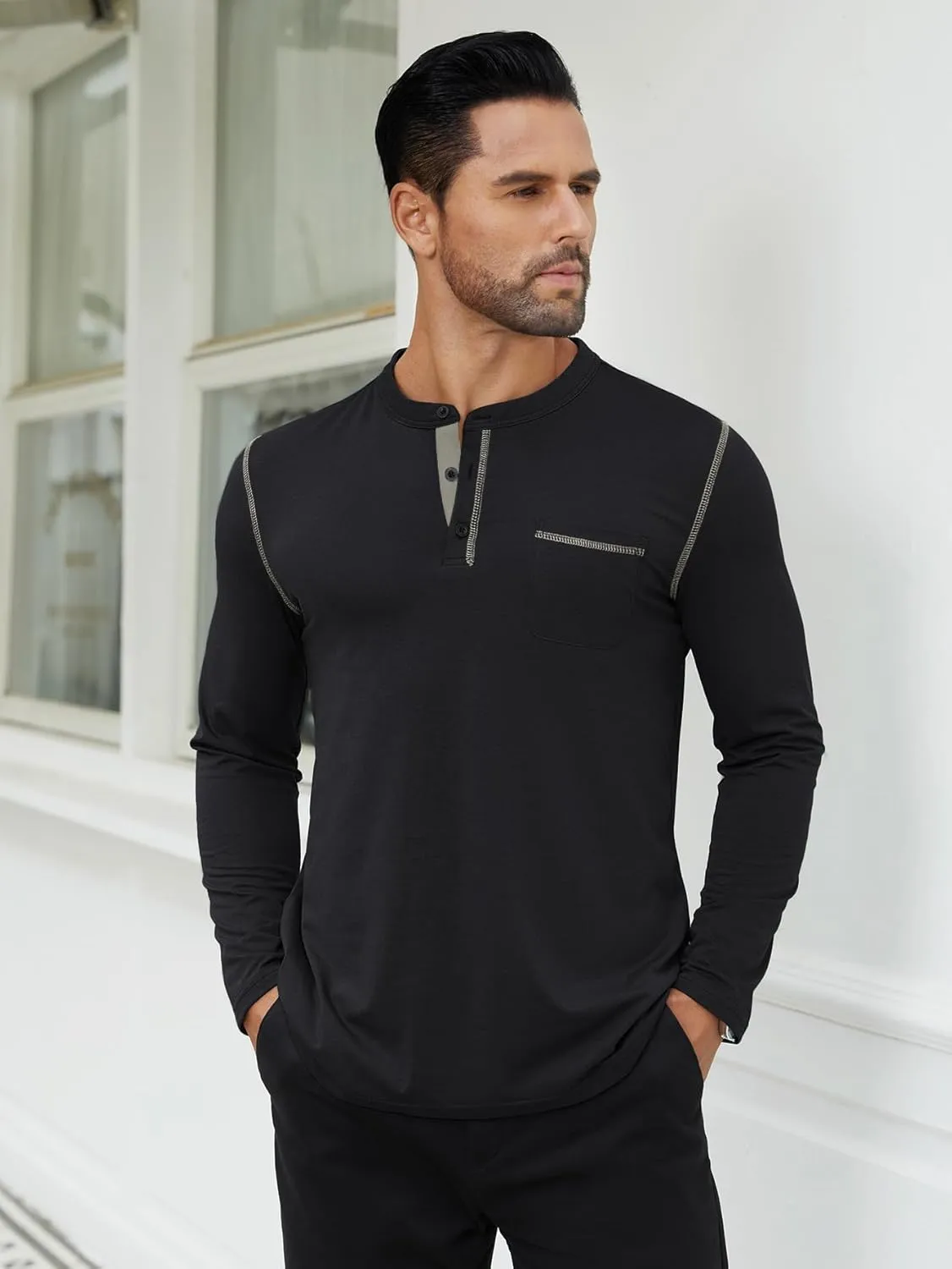 Hardaddy Color Contrast Henley Shirt Long Sleeve Button T-Shirt Henley Tshirt for Men Basic Pullover Shirt with Pocket