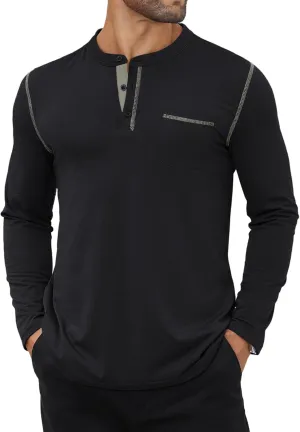Hardaddy Color Contrast Henley Shirt Long Sleeve Button T-Shirt Henley Tshirt for Men Basic Pullover Shirt with Pocket