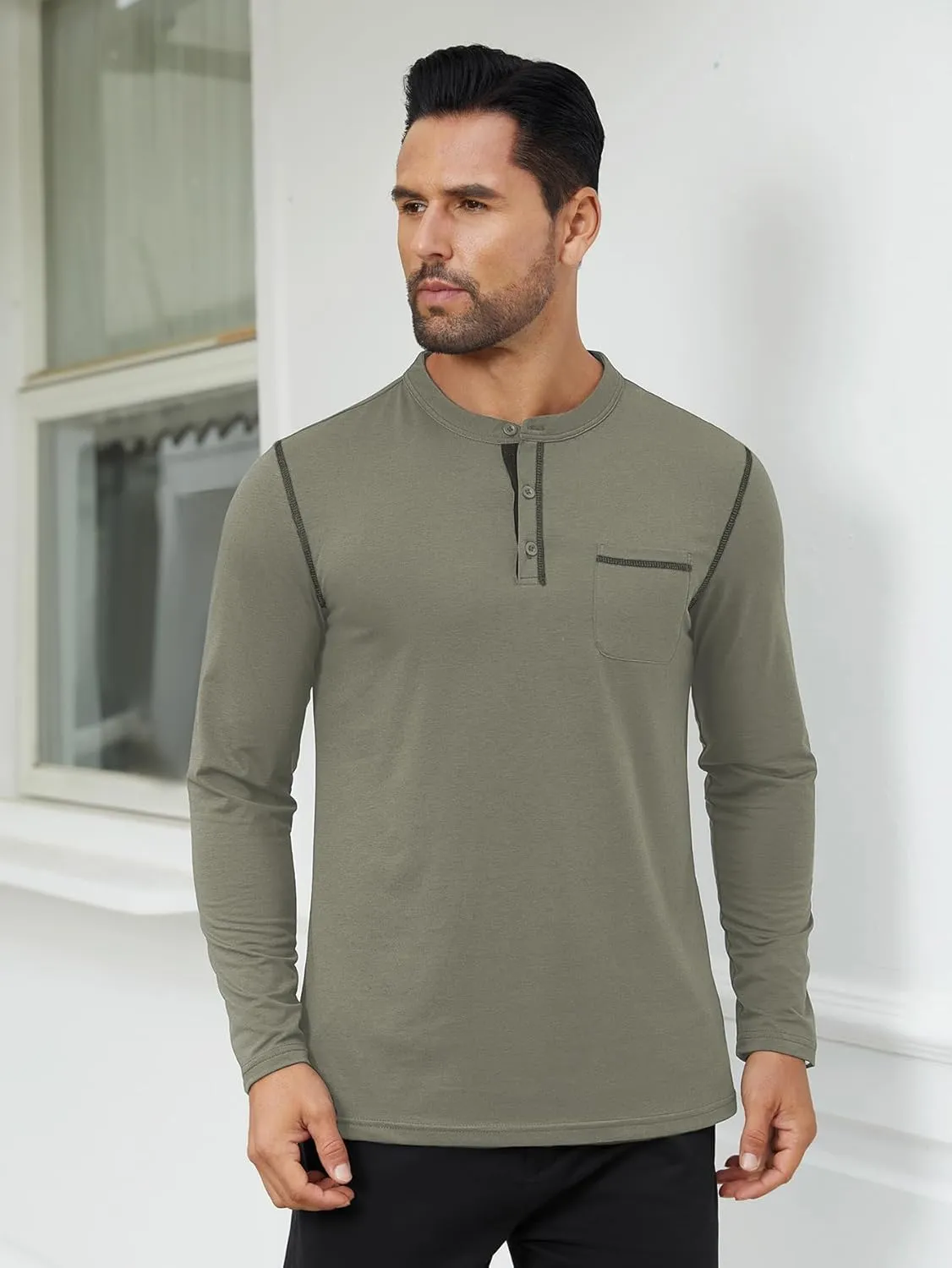 Hardaddy Color Contrast Henley Shirt Long Sleeve Button T-Shirt Henley Tshirt for Men Basic Pullover Shirt with Pocket