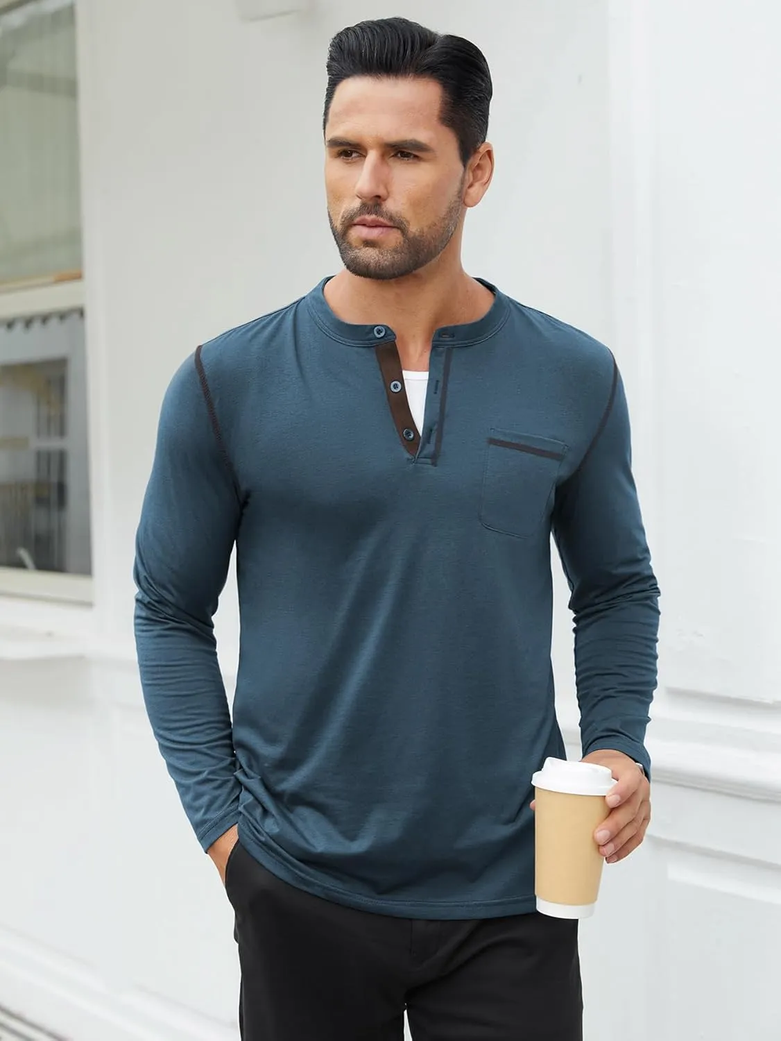 Hardaddy Color Contrast Henley Shirt Long Sleeve Button T-Shirt Henley Tshirt for Men Basic Pullover Shirt with Pocket