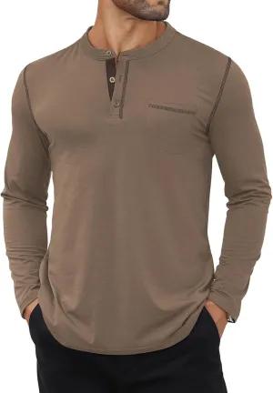 Hardaddy Color Contrast Henley Shirt Long Sleeve Button T-Shirt Henley Tshirt for Men Basic Pullover Shirt with Pocket