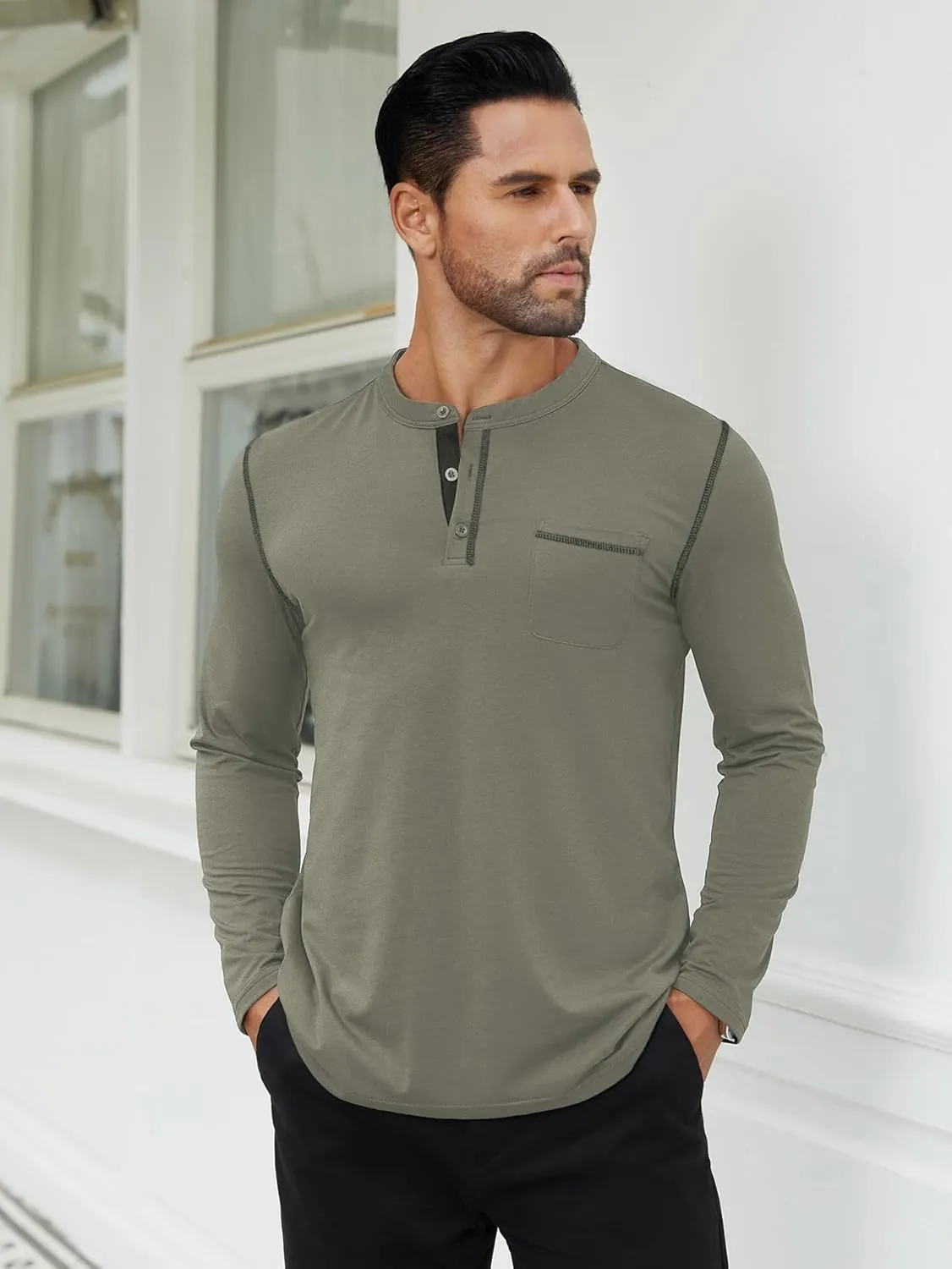 Hardaddy Color Contrast Henley Shirt Long Sleeve Button T-Shirt Henley Tshirt for Men Basic Pullover Shirt with Pocket