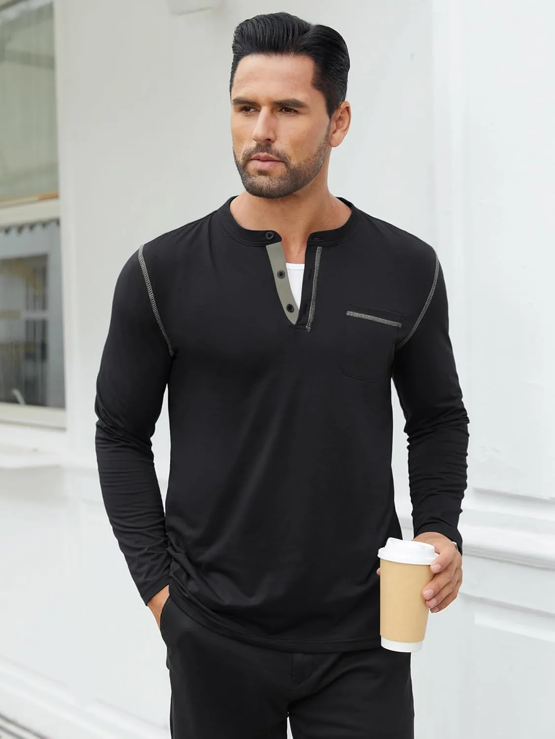 Hardaddy Color Contrast Henley Shirt Long Sleeve Button T-Shirt Henley Tshirt for Men Basic Pullover Shirt with Pocket