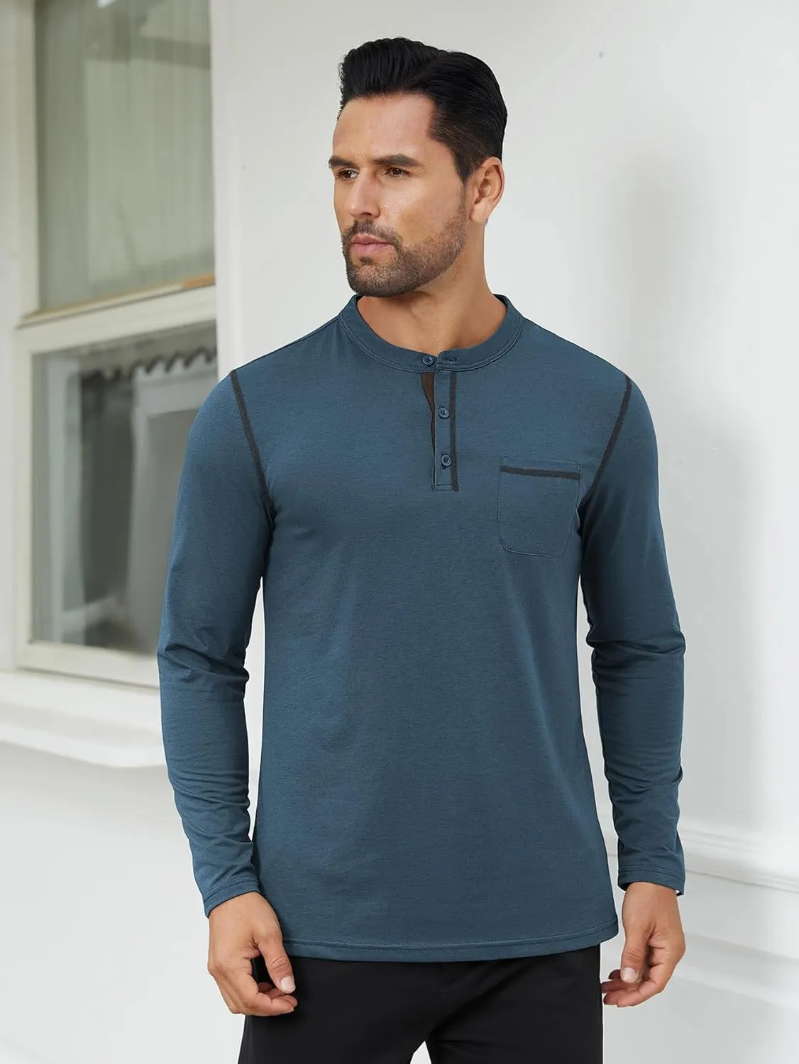 Hardaddy Color Contrast Henley Shirt Long Sleeve Button T-Shirt Henley Tshirt for Men Basic Pullover Shirt with Pocket