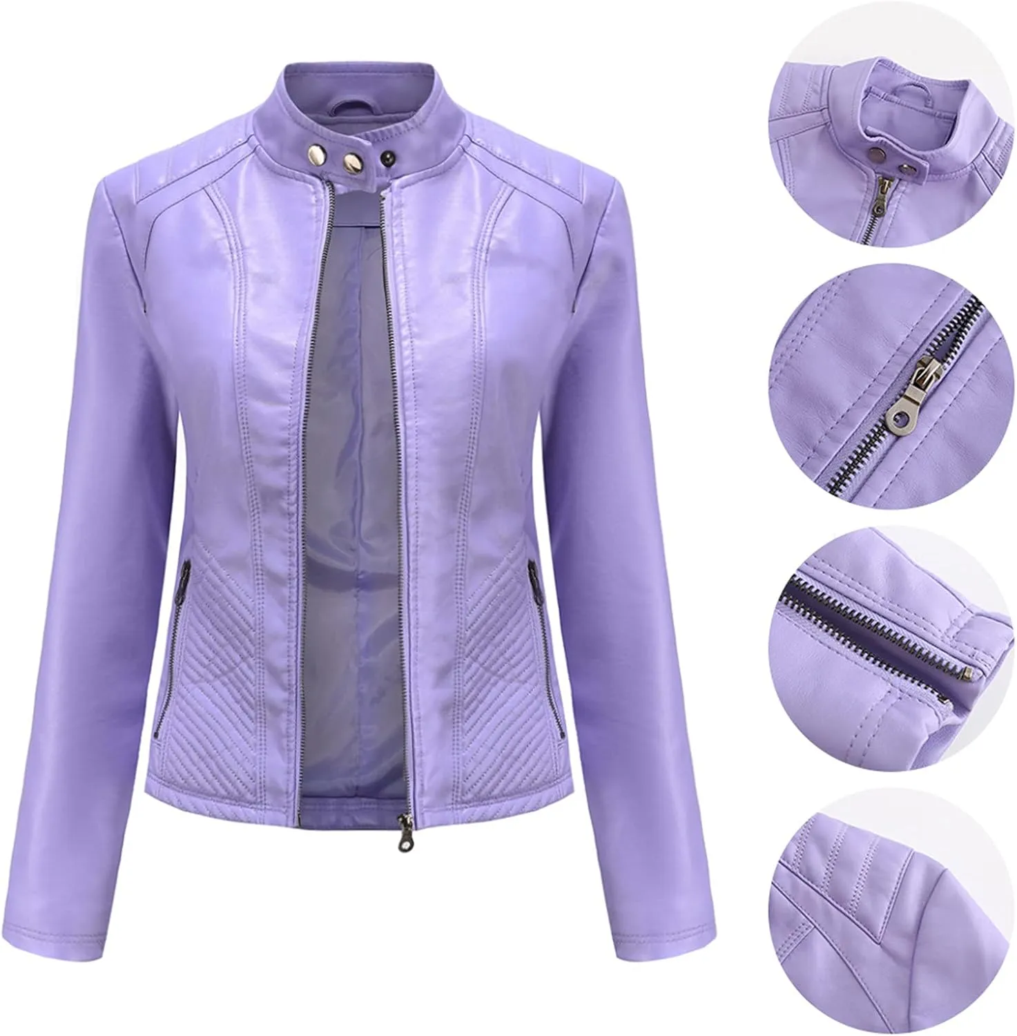 Hasta Faux Leather Jacket Crop Plus Size Women Slim Fit Motorcycle Bike Coat Stand Collar Zip Pocket Short Pleather Jacket