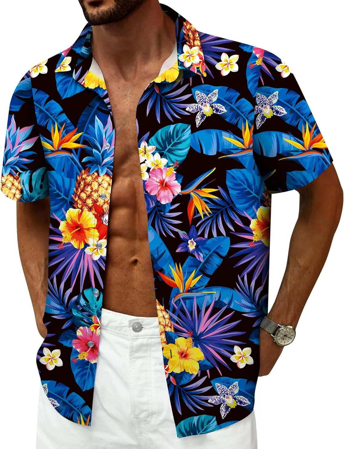 Hawaiian Shirt for Men, Tropical Shirts Casual Summer Button Down Short Sleeve Floral Shirt Vacation Outfits Cruise Shirt