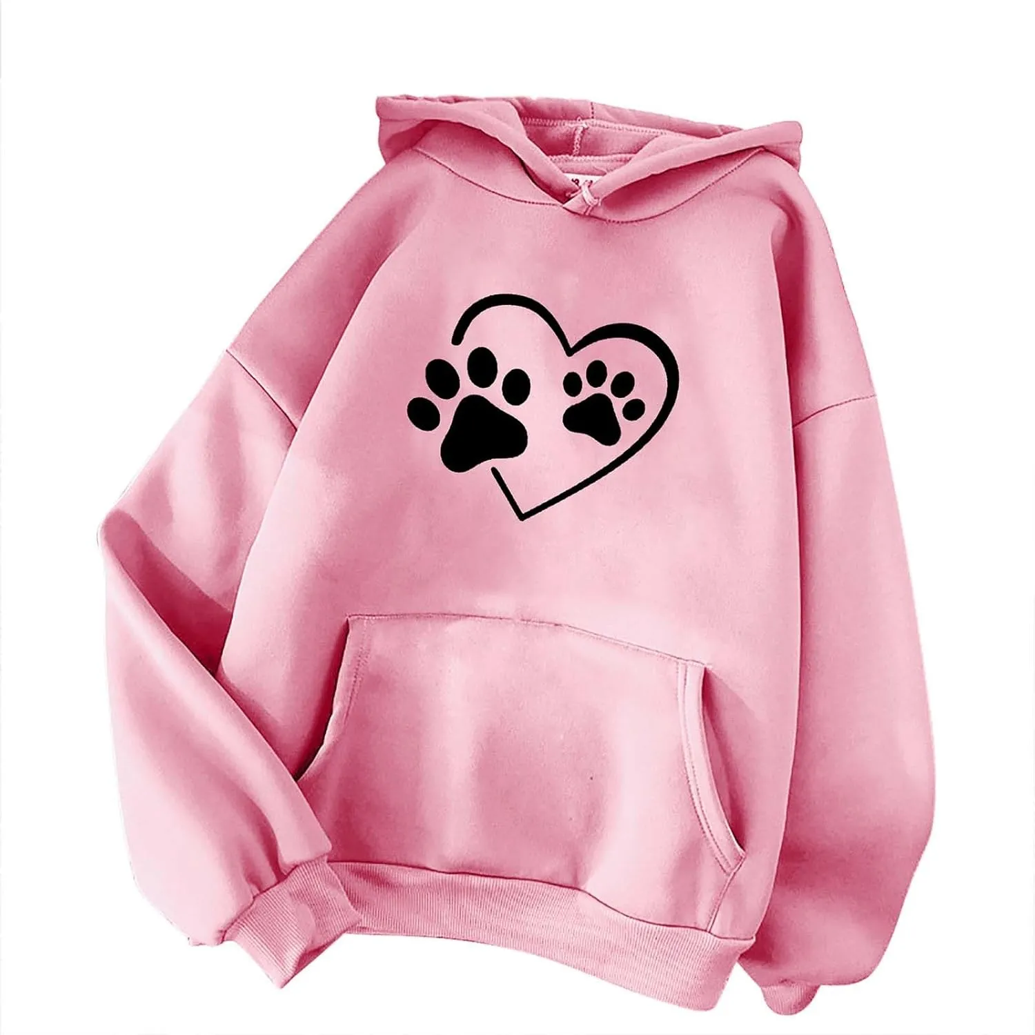 Heart Print Hoodies for Women Drawstring Long Sleeve Cute Oversized Sweatshirt Dog Paw Print Graphic Pullover Tops