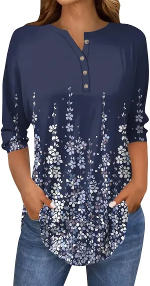 Henley Summer Shirts 3/4 Length Sleeve Womens Tops Vintage Print Casual Trendy Loose Fit 2025 Tunic Blouses