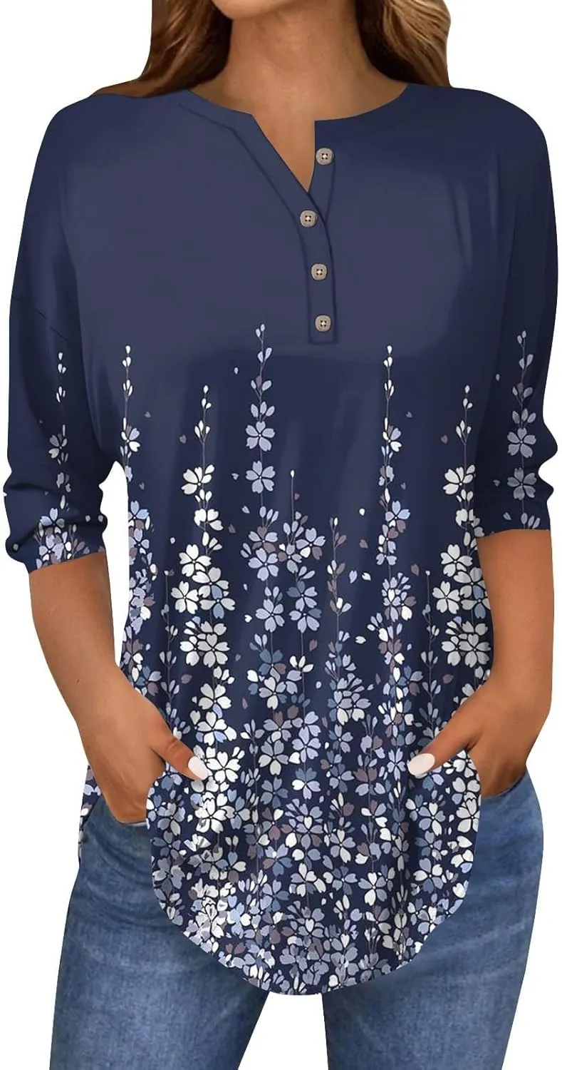 Henley Summer Shirts 3/4 Length Sleeve Womens Tops Vintage Print Casual Trendy Loose Fit 2025 Tunic Blouses