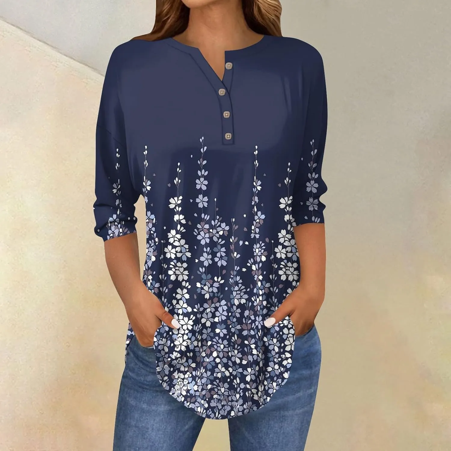 Henley Summer Shirts 3/4 Length Sleeve Womens Tops Vintage Print Casual Trendy Loose Fit 2025 Tunic Blouses