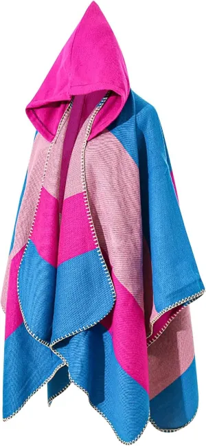 HGps8w Knitted Hooded Cape for Women Dressy Color Block Shawl Wraps Sweater Poncho Cape Cardigan Cloak Winter Coat