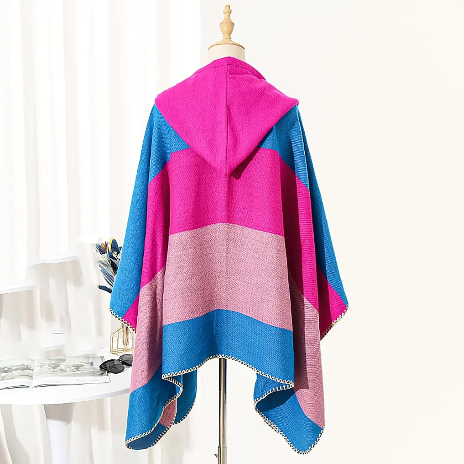 HGps8w Knitted Hooded Cape for Women Dressy Color Block Shawl Wraps Sweater Poncho Cape Cardigan Cloak Winter Coat