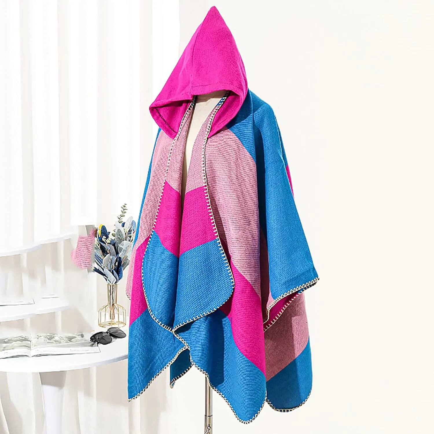 HGps8w Knitted Hooded Cape for Women Dressy Color Block Shawl Wraps Sweater Poncho Cape Cardigan Cloak Winter Coat