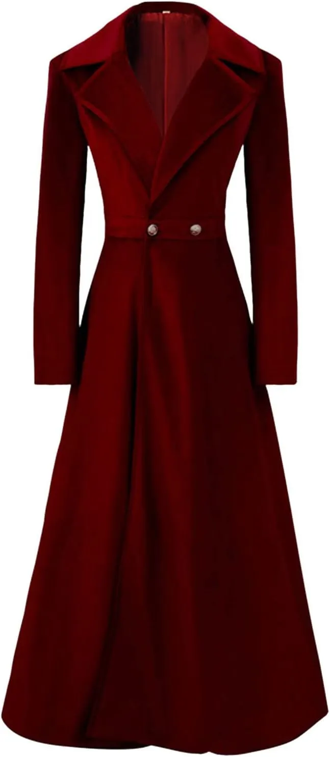 HGps8w Women Vintage Velvet Trench Coat Double Breasted Swing Dress Jacket Winter Warm Long Overcoat Windbreaker