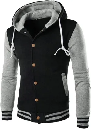 Hooded Varsity Jacket Men,Contrast Color Patchwork Baseball Jacket Button Slim Casual Sports Sweatshirts with Pocket