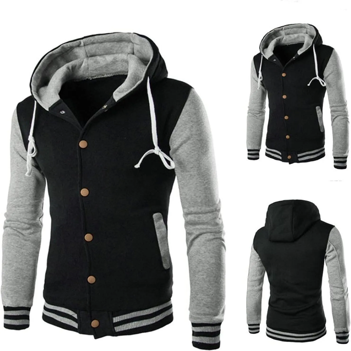 Hooded Varsity Jacket Men,Contrast Color Patchwork Baseball Jacket Button Slim Casual Sports Sweatshirts with Pocket