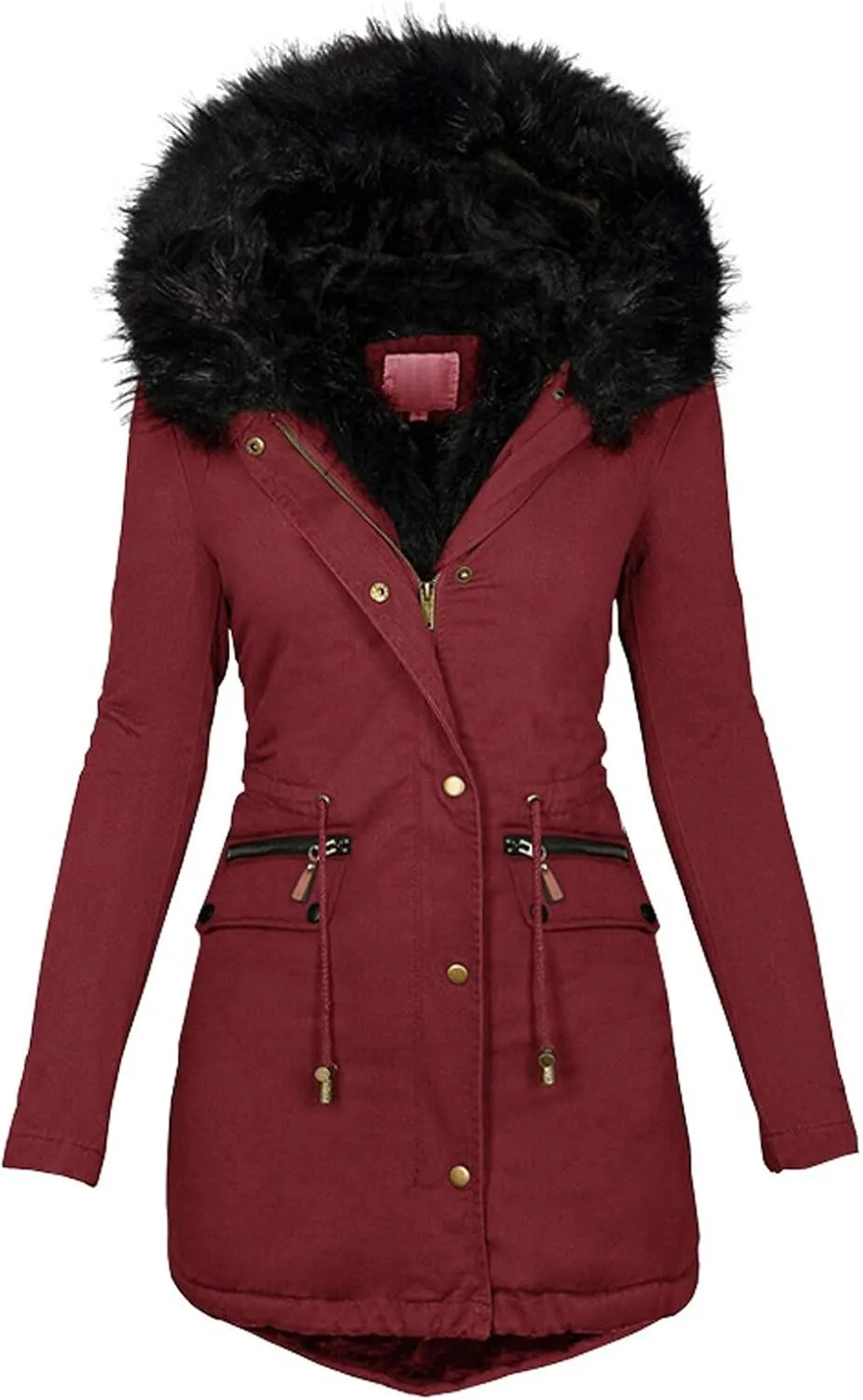 Hooded Winter Down Puffer Coat Fleece Lined Coats Ladies Padded Thermal Overcoat with Faux Hooded Windproof Thicken