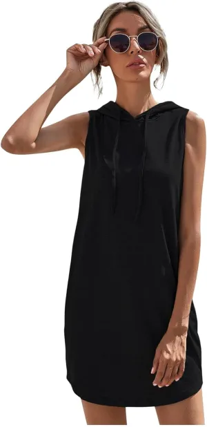 Hoodie Dress for Women Summer Drawstring Sleeveless Sweatshirt Dress Athleisure Hooded Tank Mini Dresses 2025
