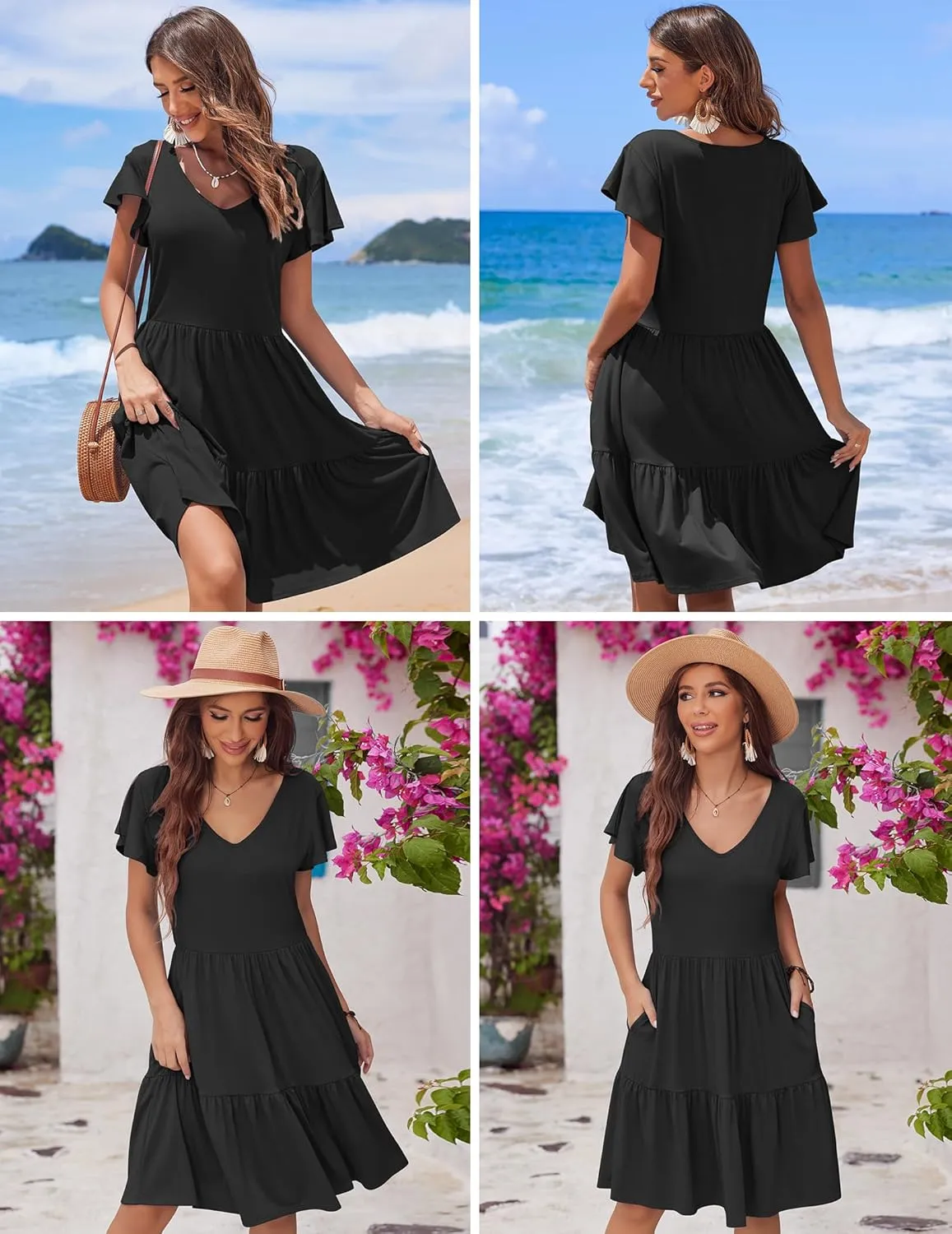 HOTOUCH Women's Casual Tiered Dress with Pockets V Neck Ruffle Dress Cap Sleeve Swing Mini Dress A-Line Dresses