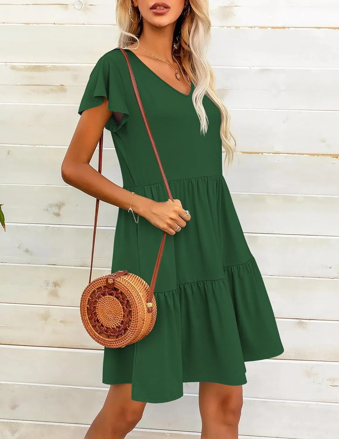 HOTOUCH Women's Casual Tiered Dress with Pockets V Neck Ruffle Dress Cap Sleeve Swing Mini Dress A-Line Dresses