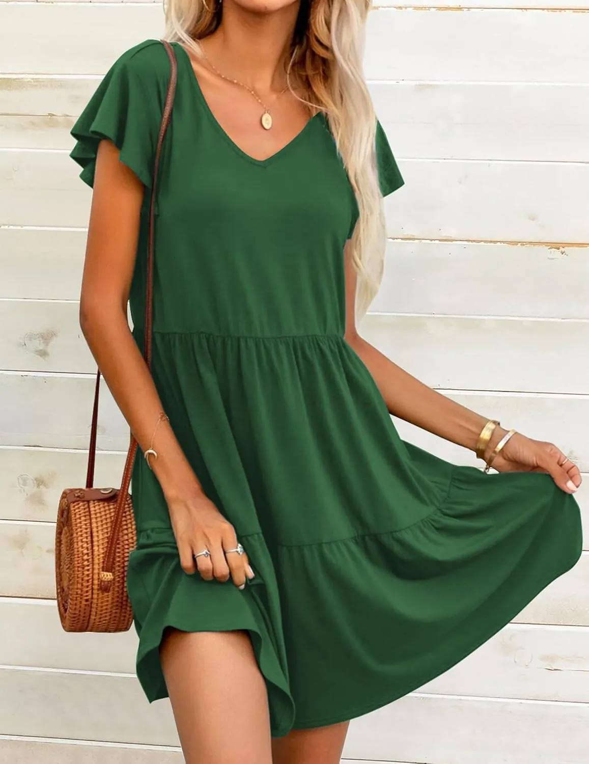 HOTOUCH Women's Casual Tiered Dress with Pockets V Neck Ruffle Dress Cap Sleeve Swing Mini Dress A-Line Dresses