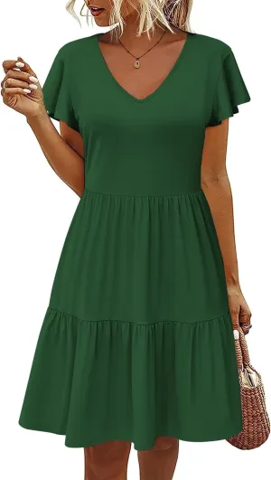 HOTOUCH Women's Casual Tiered Dress with Pockets V Neck Ruffle Dress Cap Sleeve Swing Mini Dress A-Line Dresses