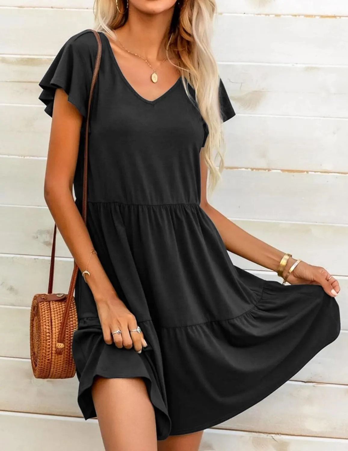 HOTOUCH Women's Casual Tiered Dress with Pockets V Neck Ruffle Dress Cap Sleeve Swing Mini Dress A-Line Dresses