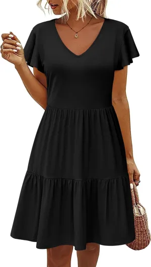 HOTOUCH Women's Casual Tiered Dress with Pockets V Neck Ruffle Dress Cap Sleeve Swing Mini Dress A-Line Dresses