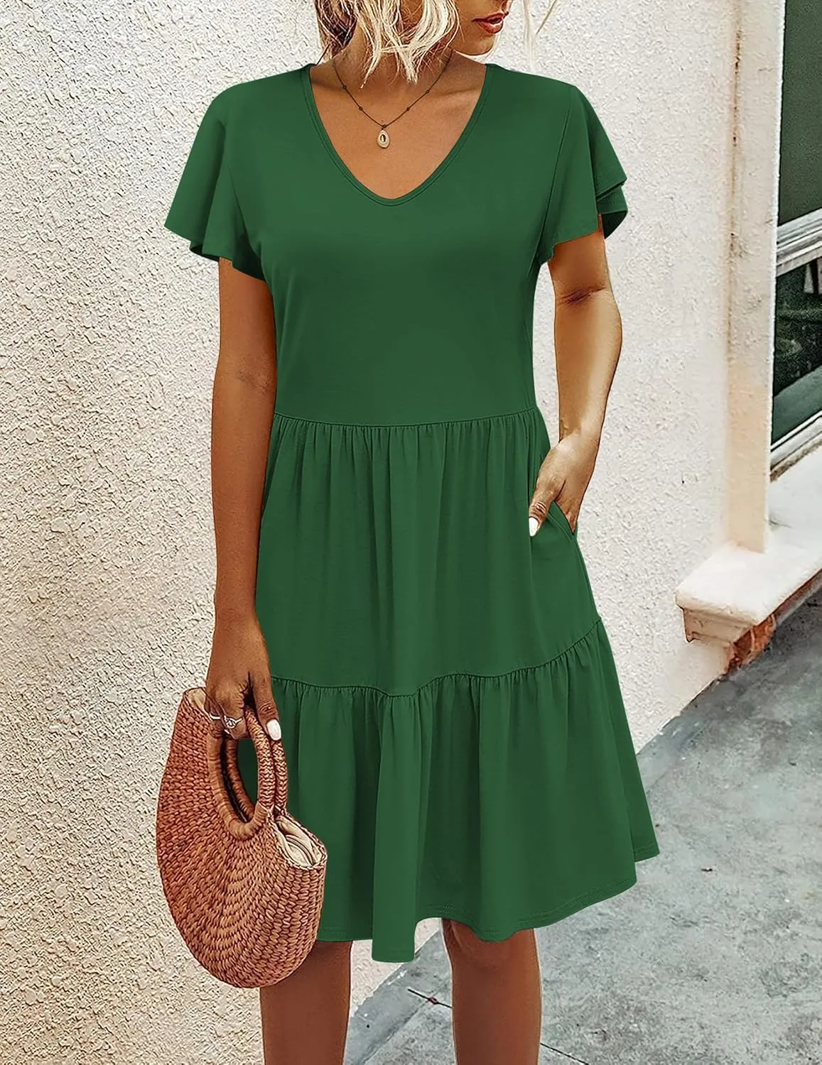 HOTOUCH Women's Casual Tiered Dress with Pockets V Neck Ruffle Dress Cap Sleeve Swing Mini Dress A-Line Dresses