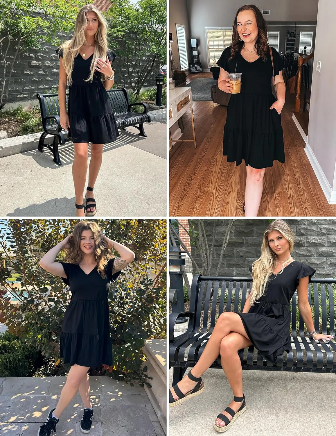 HOTOUCH Women's Casual Tiered Dress with Pockets V Neck Ruffle Dress Cap Sleeve Swing Mini Dress A-Line Dresses
