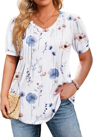 IN'VOLAND Plus Size Tops for Women Summer Puff Short Sleeve Tunic Pleated V Neck Shirts Casual Floral Solid Blouse