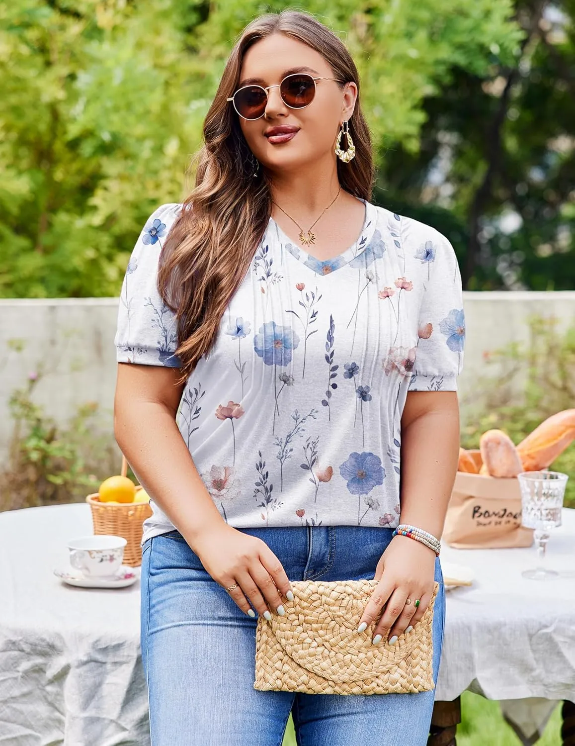 IN'VOLAND Plus Size Tops for Women Summer Puff Short Sleeve Tunic Pleated V Neck Shirts Casual Floral Solid Blouse