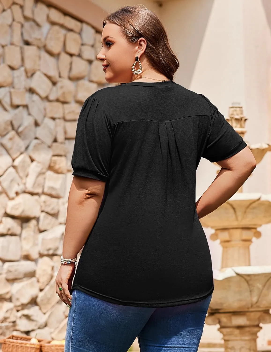 IN'VOLAND Plus Size Tops for Women Summer Puff Short Sleeve Tunic Pleated V Neck Shirts Casual Floral Solid Blouse