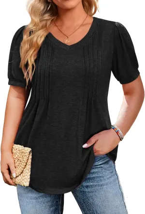 IN'VOLAND Plus Size Tops for Women Summer Puff Short Sleeve Tunic Pleated V Neck Shirts Casual Floral Solid Blouse