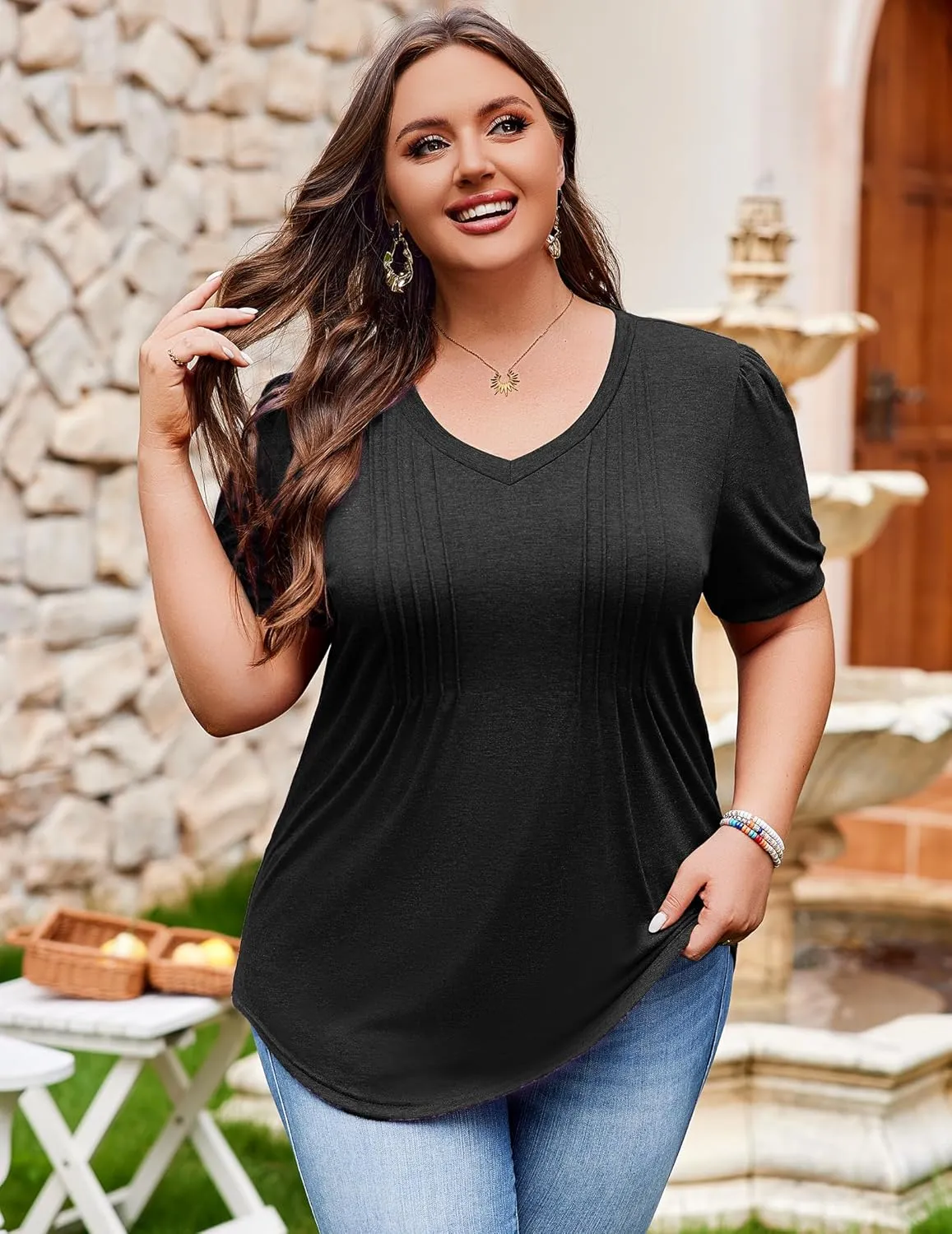 IN'VOLAND Plus Size Tops for Women Summer Puff Short Sleeve Tunic Pleated V Neck Shirts Casual Floral Solid Blouse