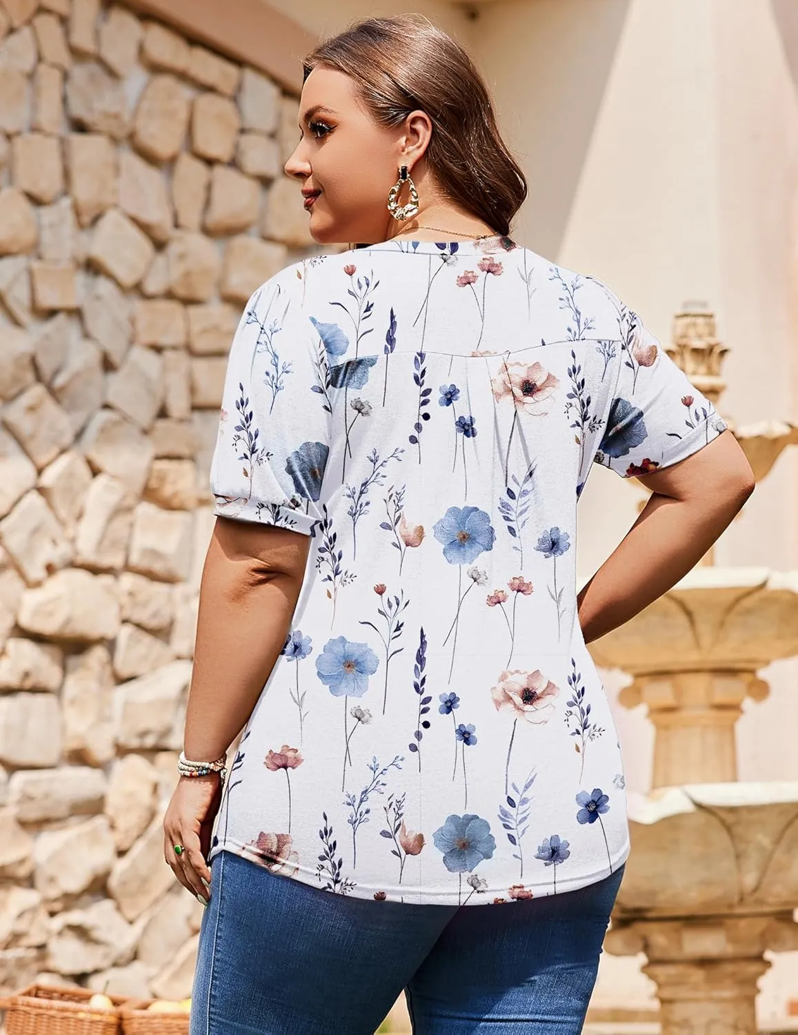 IN'VOLAND Plus Size Tops for Women Summer Puff Short Sleeve Tunic Pleated V Neck Shirts Casual Floral Solid Blouse