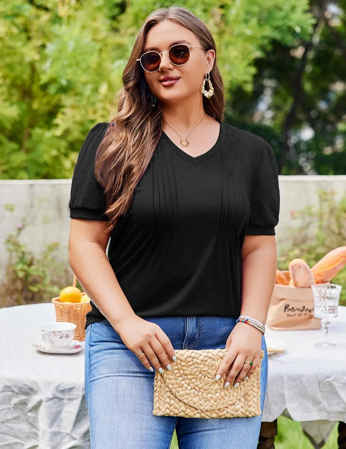 IN'VOLAND Plus Size Tops for Women Summer Puff Short Sleeve Tunic Pleated V Neck Shirts Casual Floral Solid Blouse