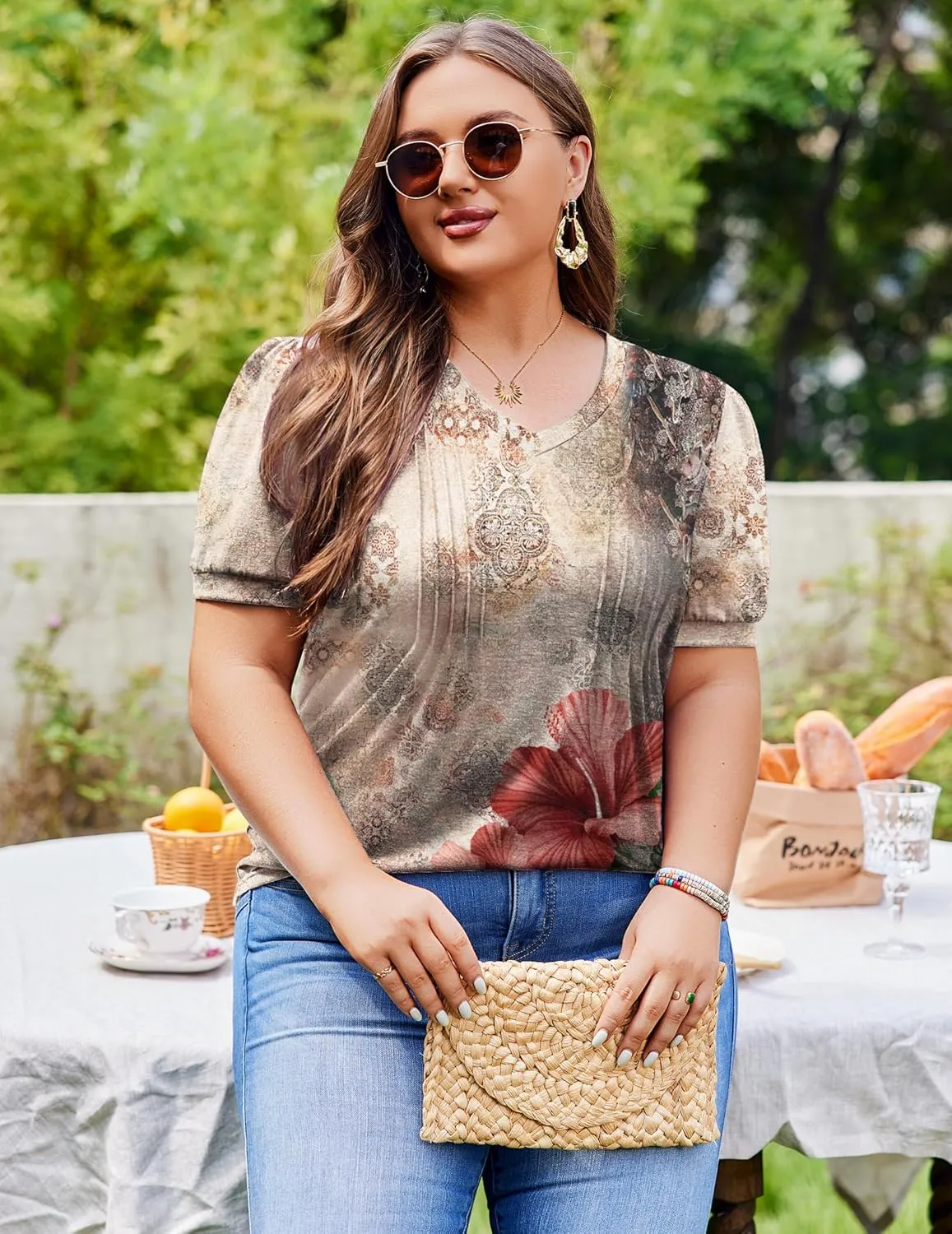 IN'VOLAND Plus Size Tops for Women Summer Puff Short Sleeve Tunic Pleated V Neck Shirts Casual Floral Solid Blouse