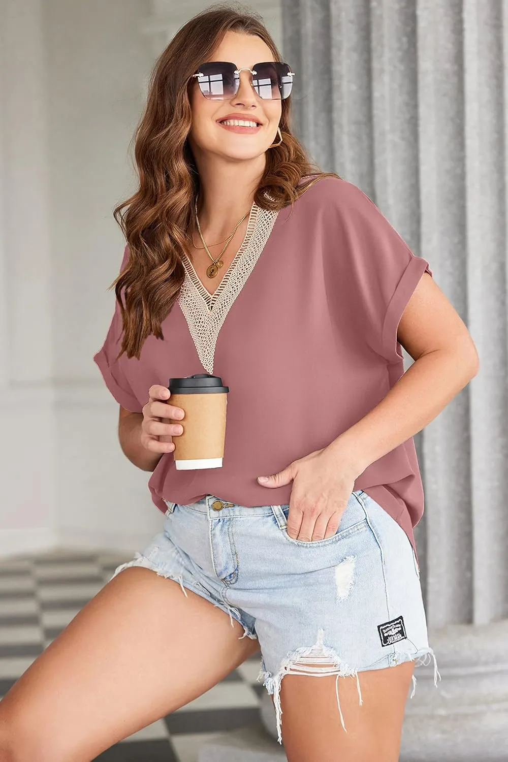 IN'VOLAND Women's Plus Size V Neck Shirts Short Sleeve Lace Blouse Casual Loose Fitting T-Shirt Trendy Summer Basic Tops