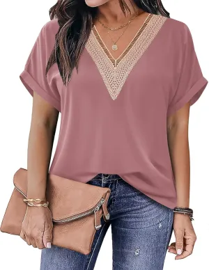 IN'VOLAND Women's Plus Size V Neck Shirts Short Sleeve Lace Blouse Casual Loose Fitting T-Shirt Trendy Summer Basic Tops