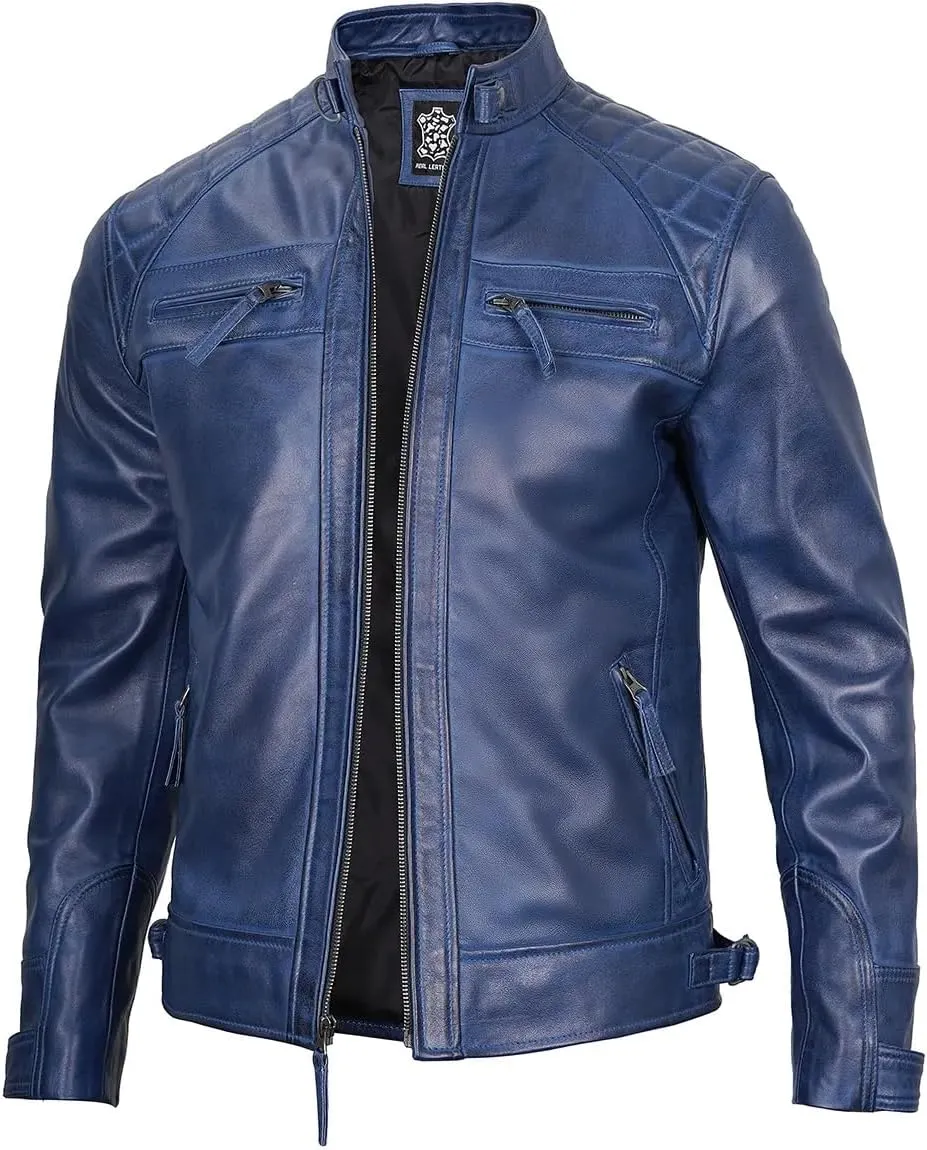 Jacket Hub Men's Genuine Lambskin Leather Biker Jacket | Premium Vintage Caf Racer Motorcycle Jacket | Motorcycle Jacket