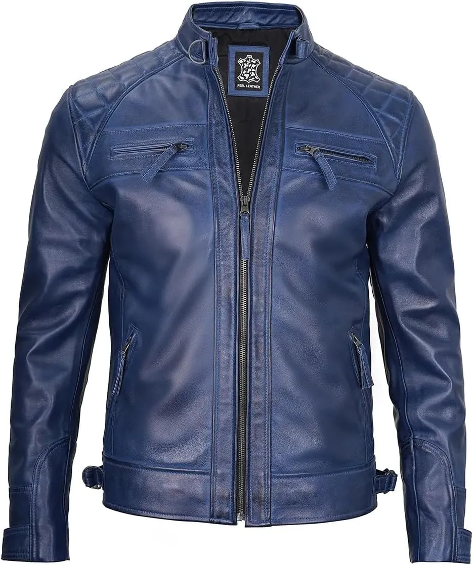 Jacket Hub Men's Genuine Lambskin Leather Biker Jacket | Premium Vintage Caf Racer Motorcycle Jacket | Motorcycle Jacket