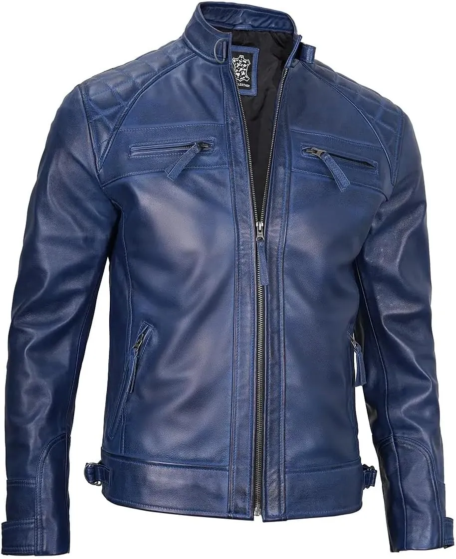 Jacket Hub Men's Genuine Lambskin Leather Biker Jacket | Premium Vintage Caf Racer Motorcycle Jacket | Motorcycle Jacket