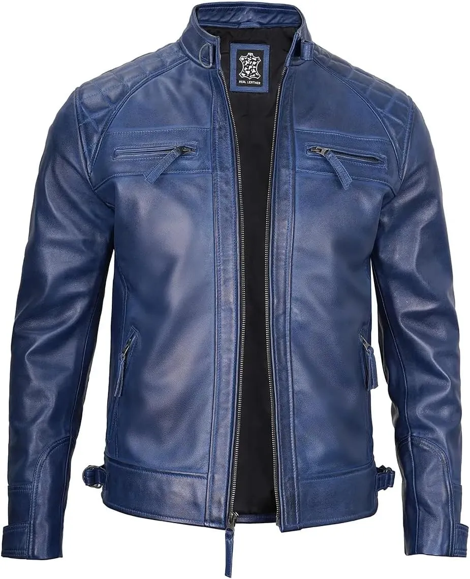 Jacket Hub Men's Genuine Lambskin Leather Biker Jacket | Premium Vintage Caf Racer Motorcycle Jacket | Motorcycle Jacket