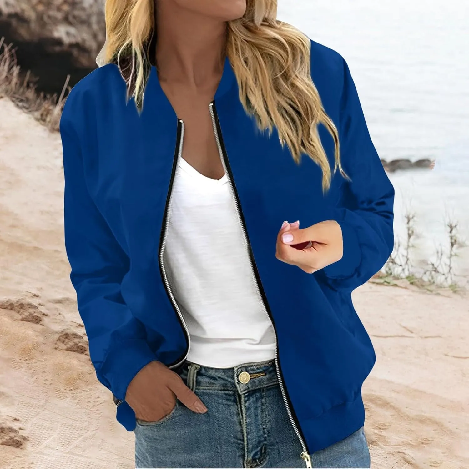 Jackets for Women Lightweight Zip Up Bomber Jacket with Pockets Stand Collar Windproof Outwear Fashion Fall Coat