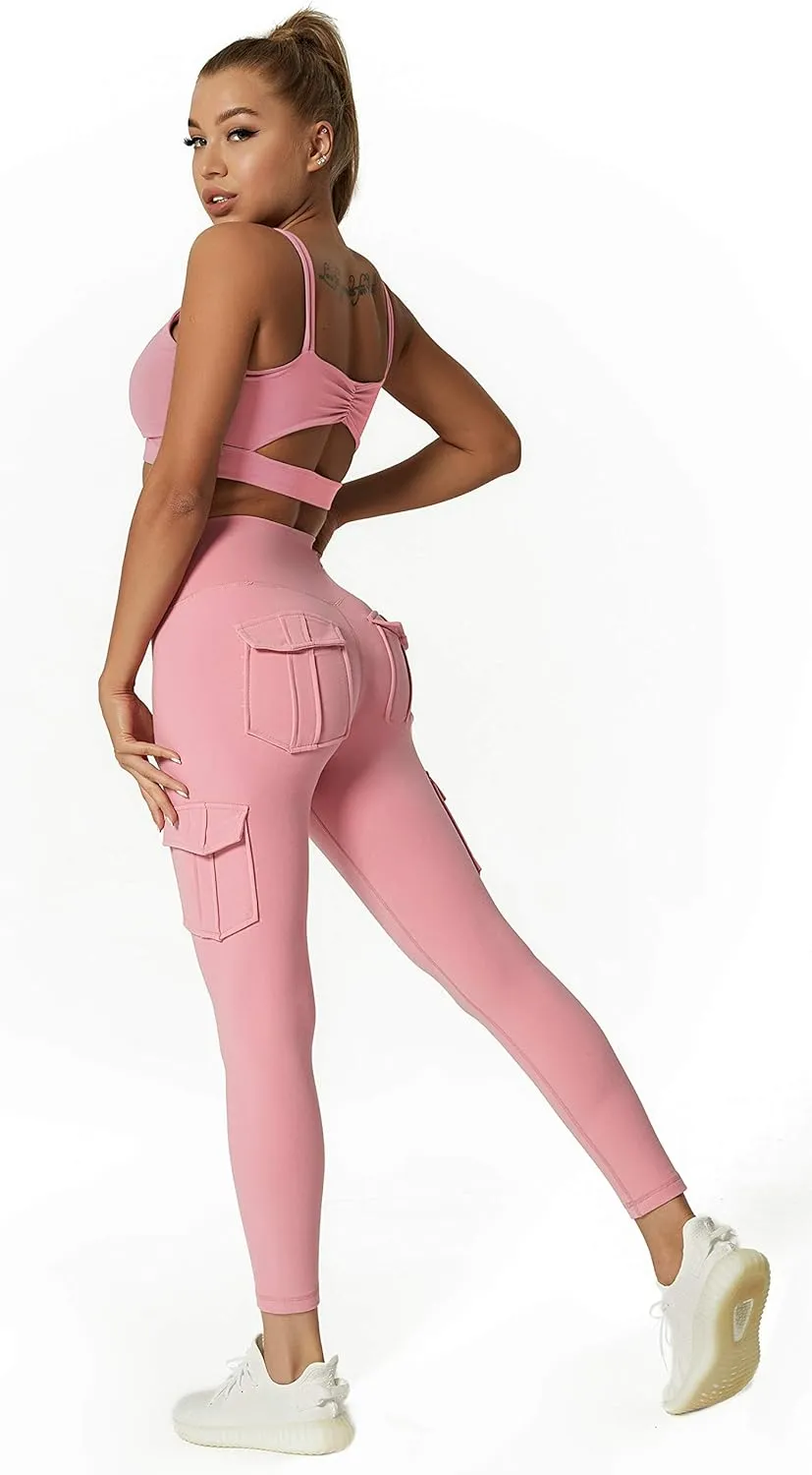 JEGGE High Waist Yoga Leggings with 4 Pockets,Tummy Control Workout Running 4 Way Stretch Cargo Pocket Leggings