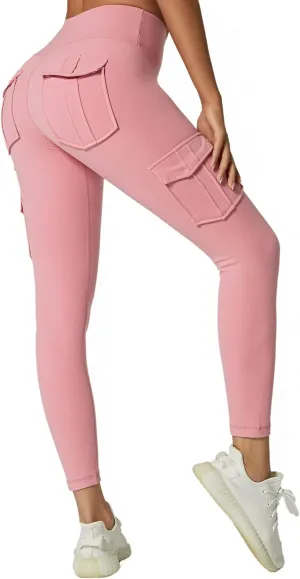 JEGGE High Waist Yoga Leggings with 4 Pockets,Tummy Control Workout Running 4 Way Stretch Cargo Pocket Leggings